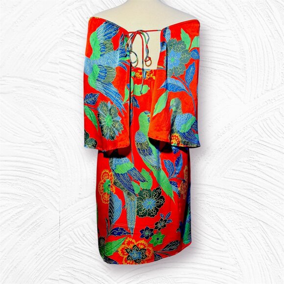 Y2K Designer Joy Han 100% Silk, Floral & Bird Print Red Dress - Picture 4 of 11